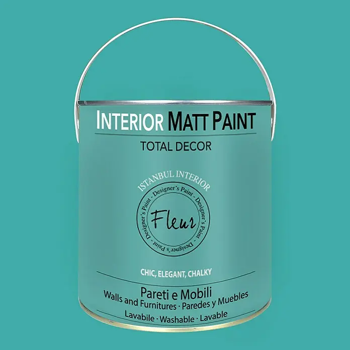 Fleur Pintura para efectos decorativos Interior Matt Paint - Istanbul, 2,5 l - Bote de pintura interior turquesa llamada Fleur, ideal para paredes y muebles, mate y lavable para un diseño interior elegante.