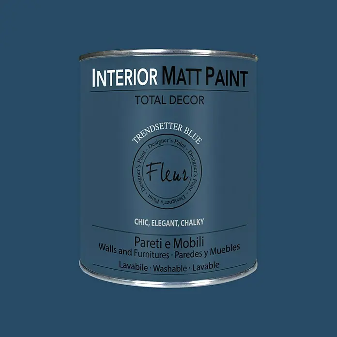 Fleur Pintura para efectos decorativos Interior Matt Paint - Trend Blue, 750 ml - Bote de pintura mate para interiores "Trendsetter Blue" de Fleur, ideal para paredes y muebles, lavable, chic y elegante para el hogar.