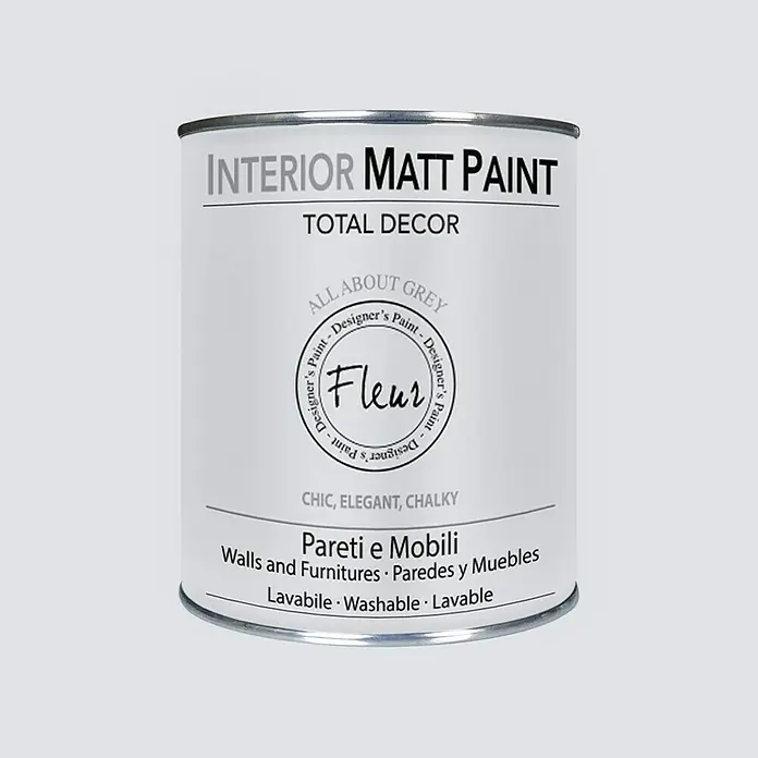 Fleur Pintura para efectos decorativos Interior Matt Paint - All About Grey, 750 ml - Bote de pintura interior mate "Total Decor All About Grey" de Fleur, apta para paredes y muebles, lavable.