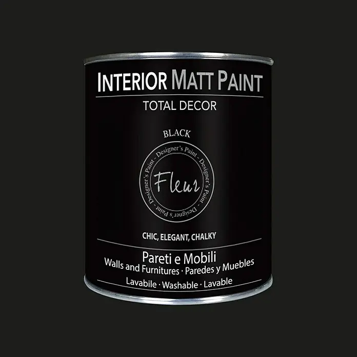 Fleur Pintura para efectos decorativos Interior Matt Paint - Black, 750 ml - Pintura Interior Mate Fleur en negro, apta para paredes y muebles. Elegante, chic y lavable.