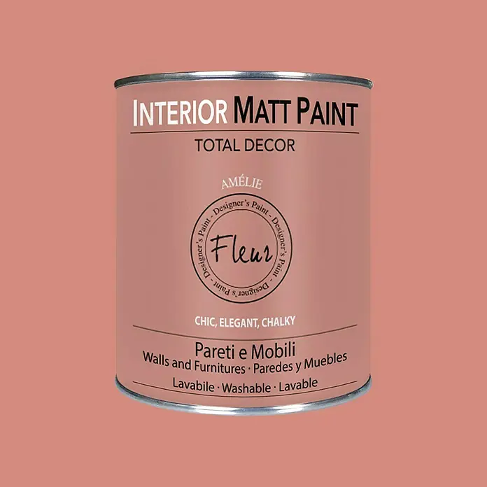 Fleur Pintura para efectos decorativos Interior Matt Paint - Amelie, 750 ml - Bote de pintura mate para interiores Fleur, tono Amélie, perfecto para paredes y muebles. Lavable y elegante para un hogar con estilo.