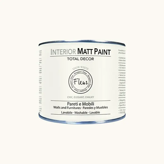 Fleur Pintura para efectos decorativos Interior Matt Paint - Snow White, 375 ml - Bote de pintura interior: Pintura interior mate blanco nieve de Total Decor para paredes y muebles. Acabado elegante y calcáreo.