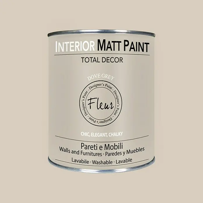 Fleur Pintura para efectos decorativos Interior Matt Paint - Dove Grey, 750 ml - Bote de pintura mate interior "Dove Grey" de Fleur, ideal para paredes y muebles, con un acabado elegante y calcáreo.
