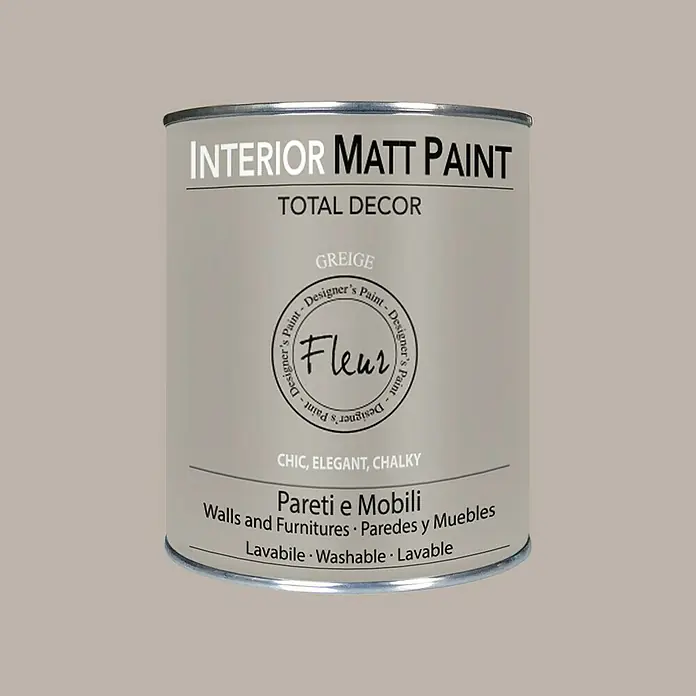 Fleur Pintura para efectos decorativos Interior Matt Paint - Greige, 750 ml - Bote de pintura mate para interiores "Greige" de Fleur. Perfecto para paredes y muebles, ofrece un acabado elegante, calcáreo y es lavable.