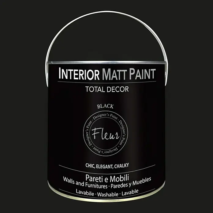 Fleur Pintura para efectos decorativos Interior Matt Paint - Negro, 2,5 l - Imagen de una lata de pintura mate para interiores Fleur negra. La pintura mate es adecuada para paredes y muebles y es lavable.