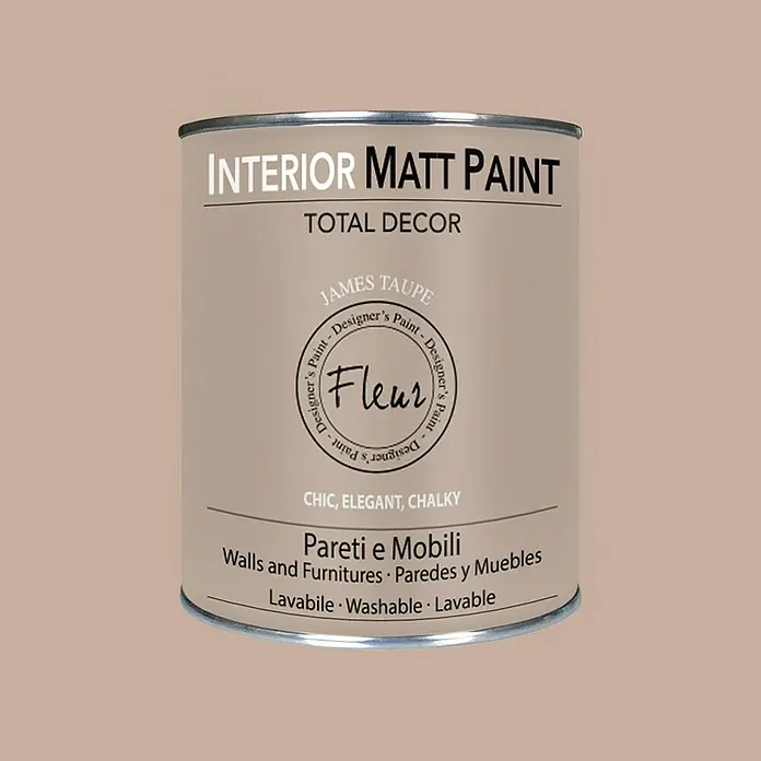 Fleur Pintura para efectos decorativos Interior Matt Paint - James Taupe, 750 ml - Bote de pintura mate para interiores "James Taupe" de Fleur, apto para paredes y muebles, lavable, para un acabado elegante y calcáreo.