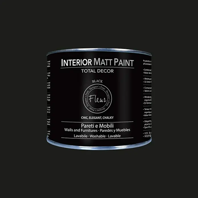 Fleur Pintura para efectos decorativos Interior Matt Paint - Negro, 375 ml - Un bote de pintura mate interior negra de Total Decor. Ideal para paredes y muebles, con un acabado elegante y calcáreo.