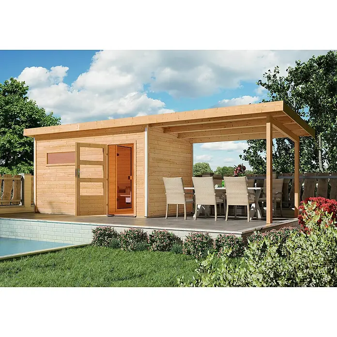 Karibu Schleppdach - 222 x 300 x 238 cm, Passend für: Karibu Saunahaus Suva 2 & 3 - Ein geräumiges Gartenhaus mit Terrasse und stilvoller Einrichtung. Ideal für Entspannung im Freien und als zusätzlicher Wohnraum im Garten.