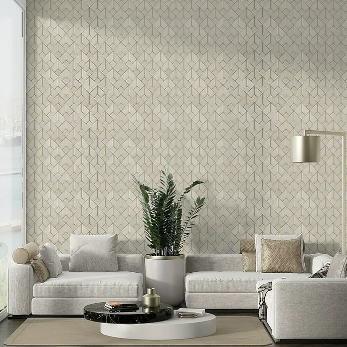 Papel pintado de vinilo adhesivo Rombo - 280 x 90 cm, Beige, Autoadhesivo - Elegante interior con una pared adornada con azulejos geométricos, creando un ambiente elegante y contemporáneo.