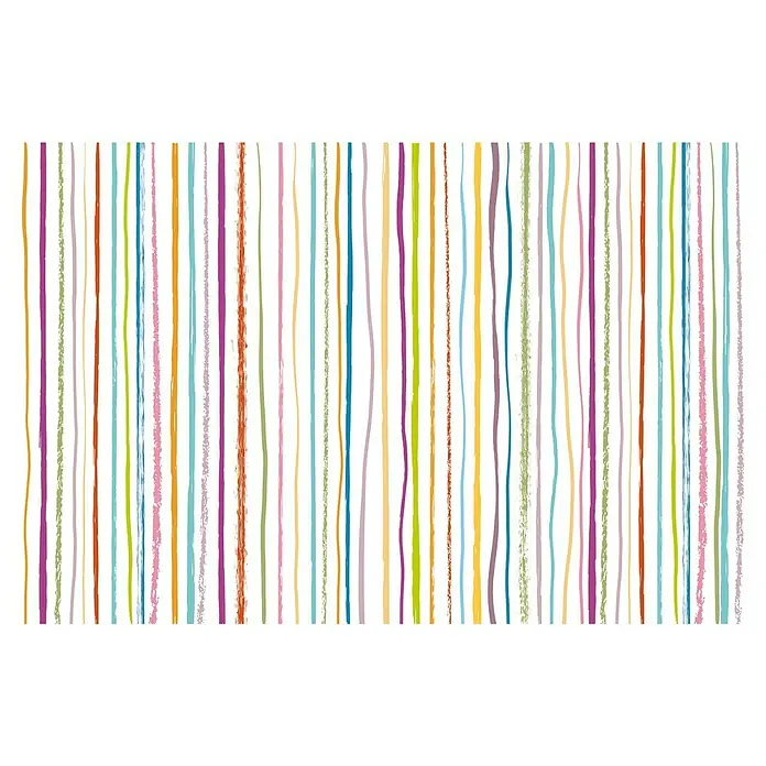 Papel pintado de vinilo Línea Color - 280 x 90 cm, Multicolor, Autoadhesivo - Patrón de fondo colorido con rayas verticales en varios colores y formas irregulares para proyectos creativos.