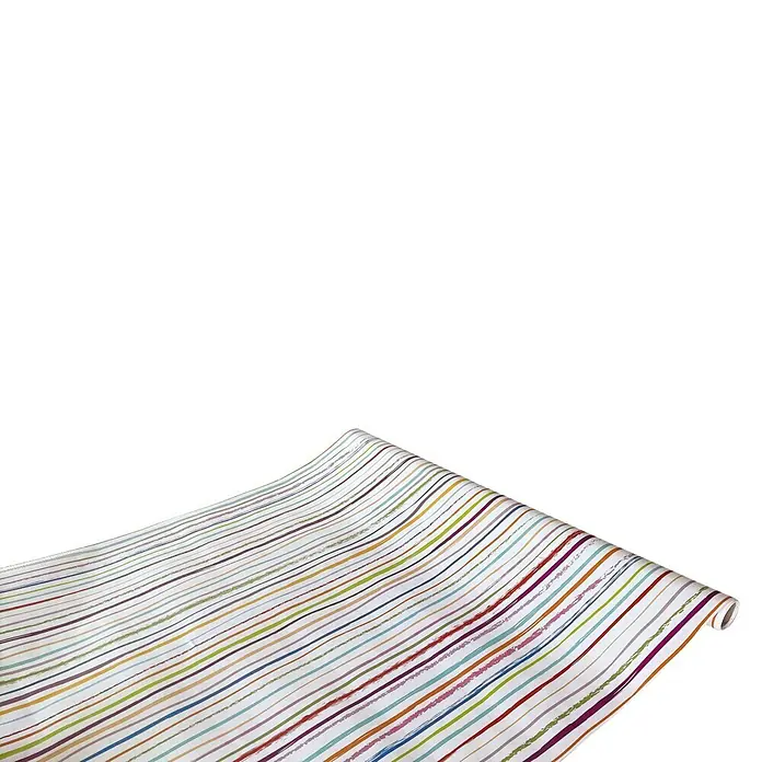 Papel pintado de vinilo Línea Color - 280 x 90 cm, Multicolor, Autoadhesivo - Mantel enrollado con rayas de colores sobre un fondo negro.