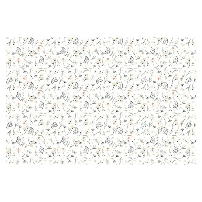 Papel pintado de vinilo adhesivo Jardín - 280 x 90 cm, Blanco, Autoadhesivo - Un delicado patrón floral con pequeñas flores y hojas, ideal para textiles o artículos de papel con un aspecto natural y fresco.