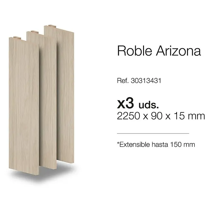 Tapeta extensible Arizona - 90 x 2.250 mm, Roble arena, 3 ud. - Imagen del producto de tres paneles de madera "Roble Arizona", dimensiones 2250 x 90 x 15 mm, extensible hasta 150 mm.