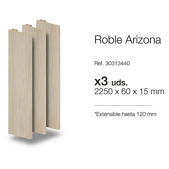 Tapeta extensible Arizona - 60 x 2.250 mm, Roble arena, 3 ud. - Tres paneles de madera "Roble Arizona". Cada panel mide 2250 x 60 x 15 mm y es extensible hasta 120 mm, número de referencia 30313440.