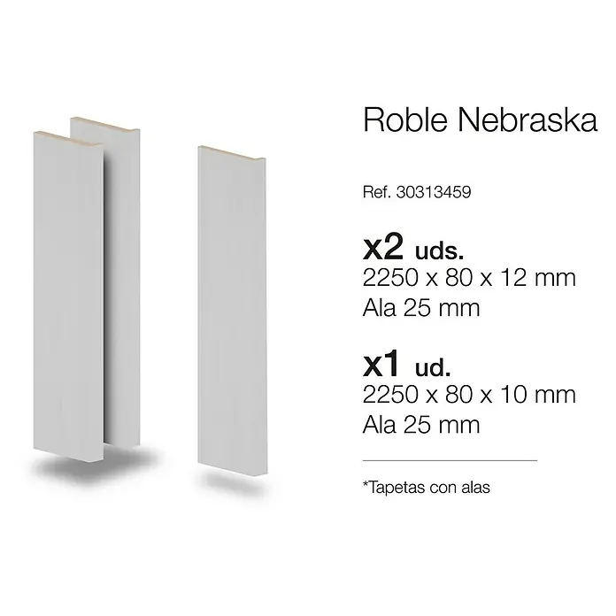 Tapeta Nebraska - 80 x 2.250 mm, Gris claro, 3 ud. - Imagen de tres piezas de moldura de roble Nebraska, que miden 2250 x 80 mm, dos tienen 12 mm de espesor y una tiene 10 mm, ideales para varios proyectos.
