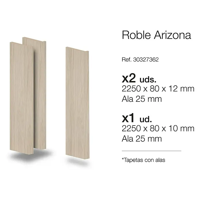 Tapeta Arizona - 80 x 2.250 mm, Roble arena, 3 ud. - Imagen del producto: Roble Arizona, compuesto por dos piezas (2250 x 80 x 12 mm) y una pieza (2250 x 80 x 10 mm), cada una con un ala de 25 mm.