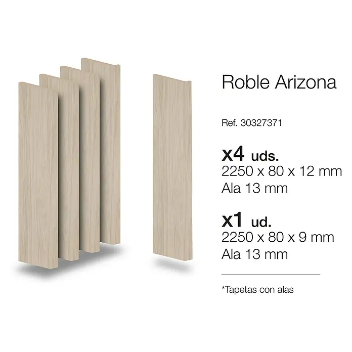 Tapeta Arizona - 80 x 2.250 mm, Roble arena, 5 ud. - Imagen de un conjunto "Roble Arizona" que incluye cuatro paneles de madera de 12 mm y uno de 9 mm, ideal para acabados interiores.