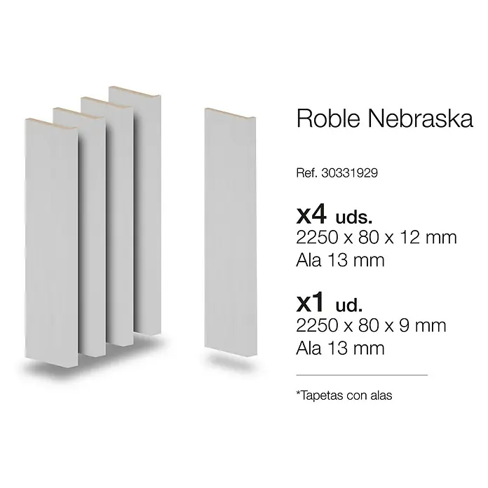 Tapeta Nebraska - 80 x 2.250 mm, Gris claro, 5 ud. - Roble Nebraska: El set incluye 4 listones (2250x80x12mm) y 1 listón (2250x80x9mm), ideal para diseños de pared con alas de 13mm.