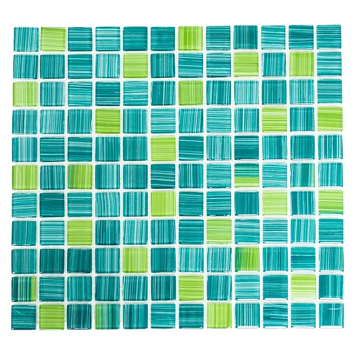 Mosaikfliese Quadrat Crystal CM 4250 - 32,7 x 30,2 cm, Grün, Glänzend - Grün-blaue Glasmosaikfliesen mit gestreiften Mustern für Badezimmer- oder Küchenrückwände, die eine erfrischende und lebendige Ästhetik bieten.