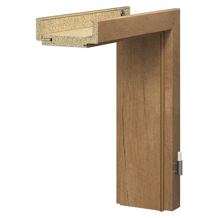 GetaDoor Laminit Türzarge GLQ 335 - 735 x 1.985 mm, Wandstärke: 100 mm, DIN Anschlag: Rechts, Eiche Ferox - Detailaufnahme eines Türrahmens aus Holz mit sichtbarer Konstruktion. Ideal für Neubau oder Renovierung.