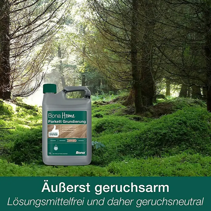Bona Home Parkettlack Supreme - 1 l, Farblos, Glänzend - Außenaufnahme eines Bona Home Parkett Grundierung Kanisters vor einem Waldhintergrund.
