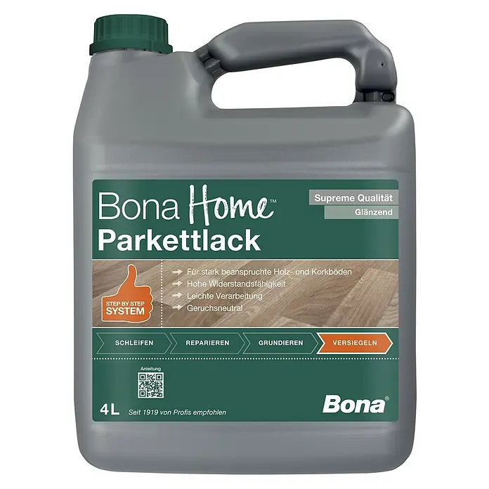 Bona Home Parkettlack Supreme - 4 l, Farblos, Glänzend - Abbildung einer 4-Liter-Dose Bona Home Parkettlack, einem hochwertigen Lack für stark beanspruchte Holz- und Korkböden, der für Glanz und Widerstandsfähigkeit sorgt.