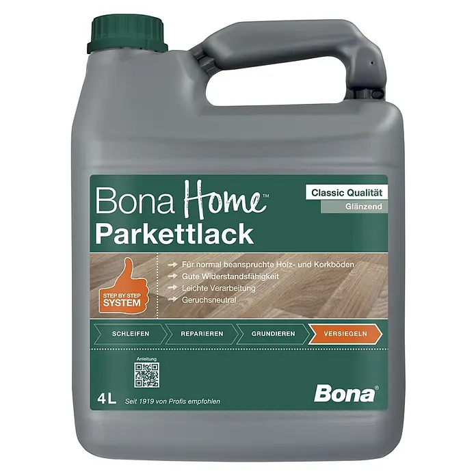 Bona Home Parkettlack Classic - 4 l, Farblos, Glänzend - Bild einer Dose Bona Home Parkettlack, einem hochwertigen Lack für Holzböden, der für eine strapazierfähige und geruchsneutrale Versiegelung sorgt.