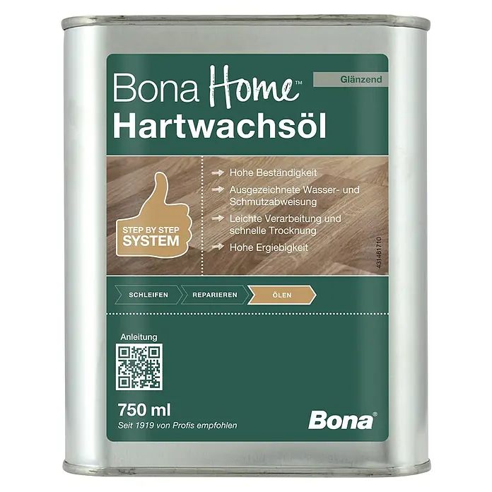 Bona Home Hartwachsöl - 750 ml, Farblos, Glänzend - Abbildung einer Dose Bona Home Hartwachsöl für die Oberflächenbehandlung von Holz, die Oberflächen widerstandsfähiger macht.