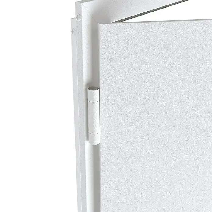 Padilla ZK-Element Classic Plus - 87,5 x 200 cm, DIN Anschlag: Links, Verkehrsweiß - Nahaufnahme eines weißen Scharniers an einer weißen Tür, das Detail und Funktionalität hervorhebt.