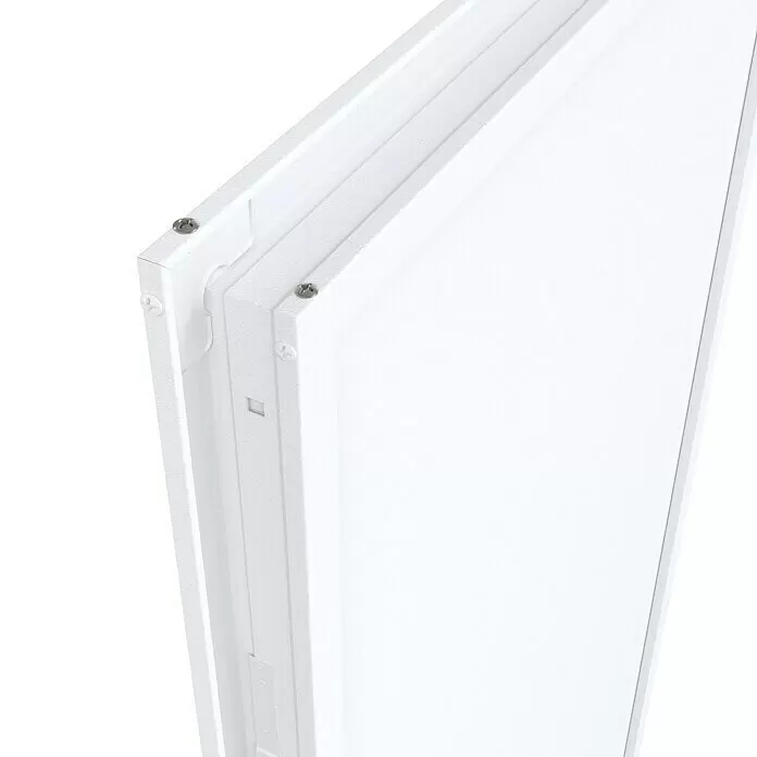 Padilla ZK-Element Classic Plus - 87,5 x 200 cm, DIN Anschlag: Links, Verkehrsweiß - Weißes LED-Panel, Eckansicht mit texturiertem Rahmen und Schrauben.