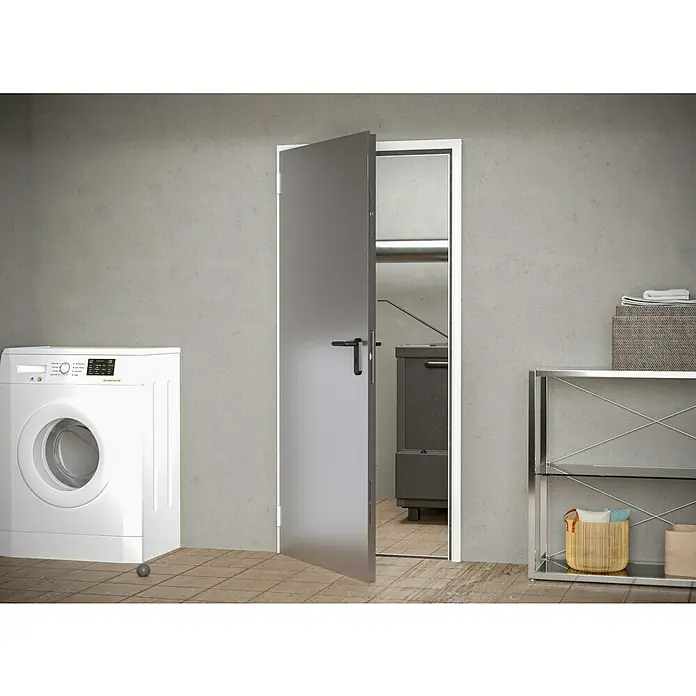 Padilla ZK-Element Classic Plus - 87,5 x 200 cm, DIN Anschlag: Links, Verzinkt - Waschküche mit einer modernen Waschmaschine und einer geöffneten Tür, die einen Einblick in einen weiteren Raum bietet.