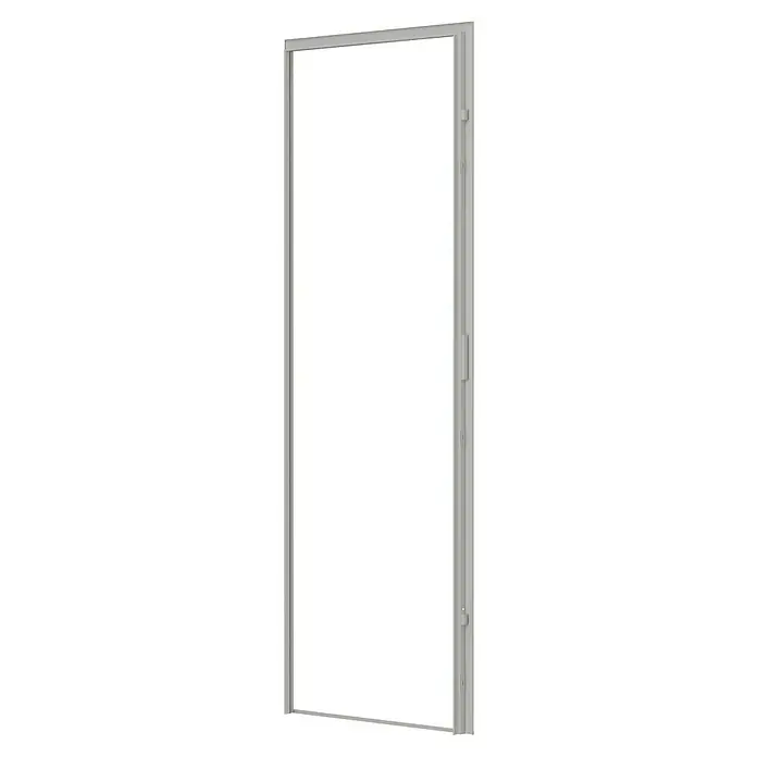 Padilla Eckzarge Rever - 75 x 200 cm, DIN Anschlag: Links/Rechts, Lichtgrau - Abbildung eines weißen Türrahmens. Ideal für Neubau oder Renovierung. Bringt Licht und moderne Optik in jeden Raum.