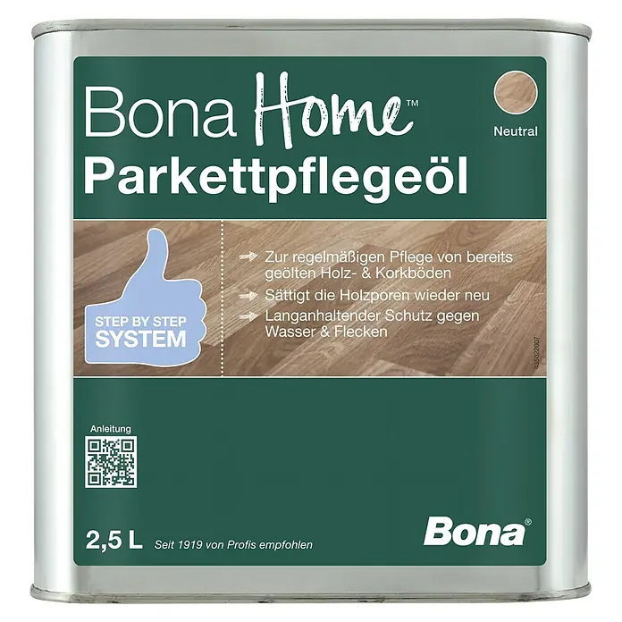 Bona Home Parkett-Pflegeöl - 2,5 l, Neutral - Abbildung eines Bona Home Parkettpflegeöl Kanisters, ein Produkt zur Pflege und zum Schutz von Holzböden.