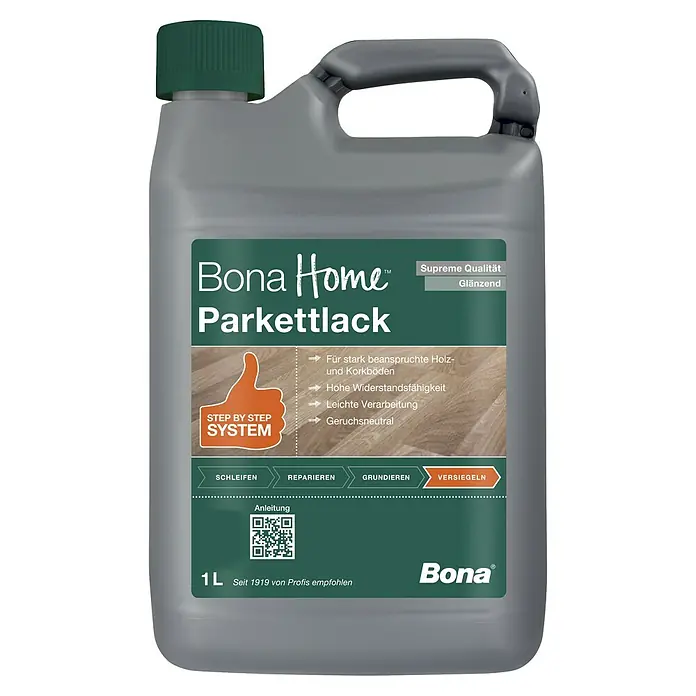 Bona Home Parkettlack Supreme - 1 l, Farblos, Glänzend - Produktbild eines 1L Kanisters Bona Home Parkettlack, ein hochwertiges Produkt für die Versiegelung von Parkettböden.