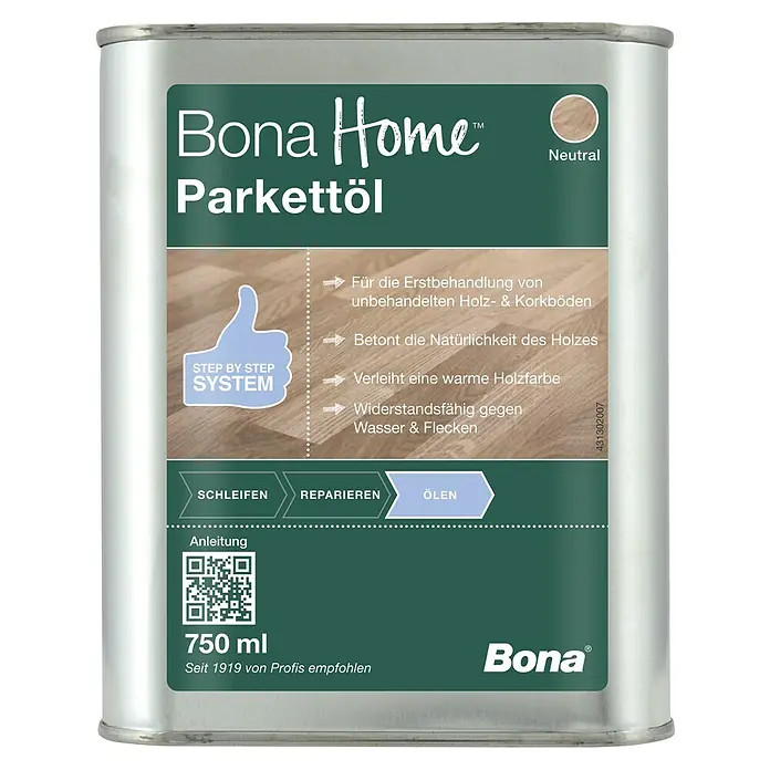 Bona Home Parkett-Öl - 750 ml, Neutral - Dose Bona Home Parkettöl, neutral, 750 ml, zur Erstbehandlung von unbehandelten Holz- und Korkböden. Seit 1919 von Profis empfohlen.