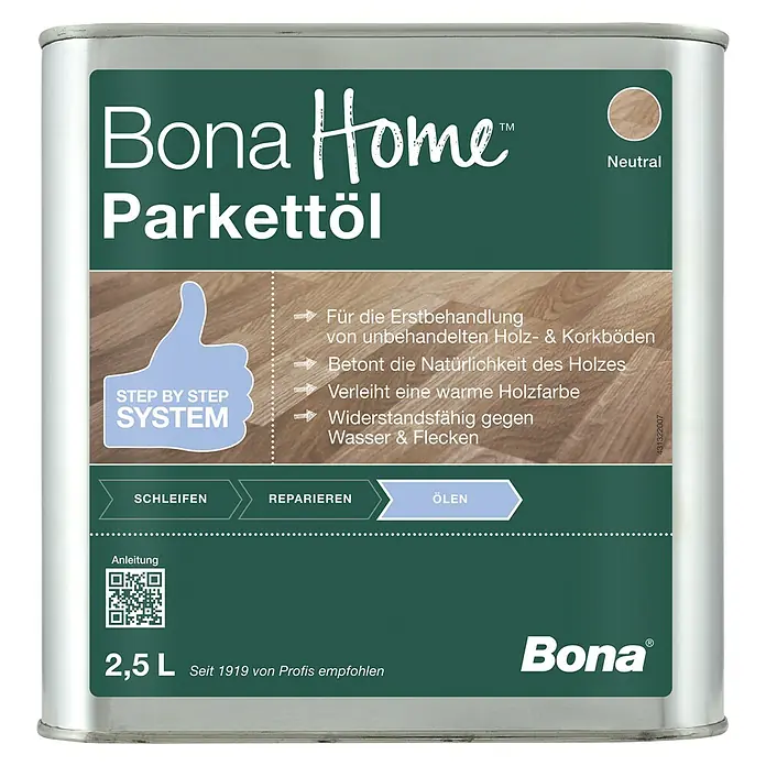 Bona Home Parkett-Öl - 2,5 l, Neutral - Dose Bona Home Parkettöl "Neutral" für die Erstbehandlung unbehandelter Holz- und Korkböden, betont die Natürlichkeit des Holzes.
