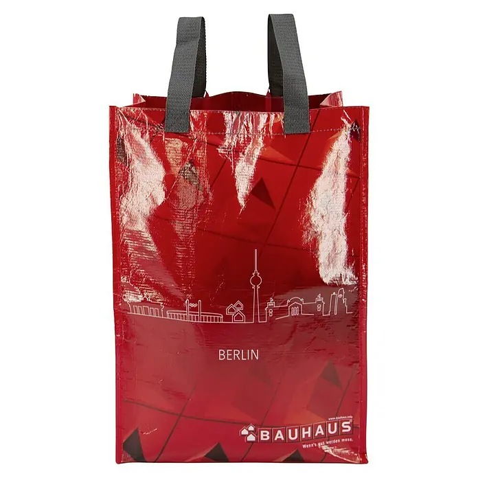Fahrradtasche BAUHAUS BERLIN SKYLINE - Rot, Traglast: 15 kg, 30 l - Rote Einkaufstasche mit Berlin-Skyline und Bauhaus-Logo, ideal für Einkäufe und als Souvenir. Robuste Griffe sorgen für Tragekomfort.