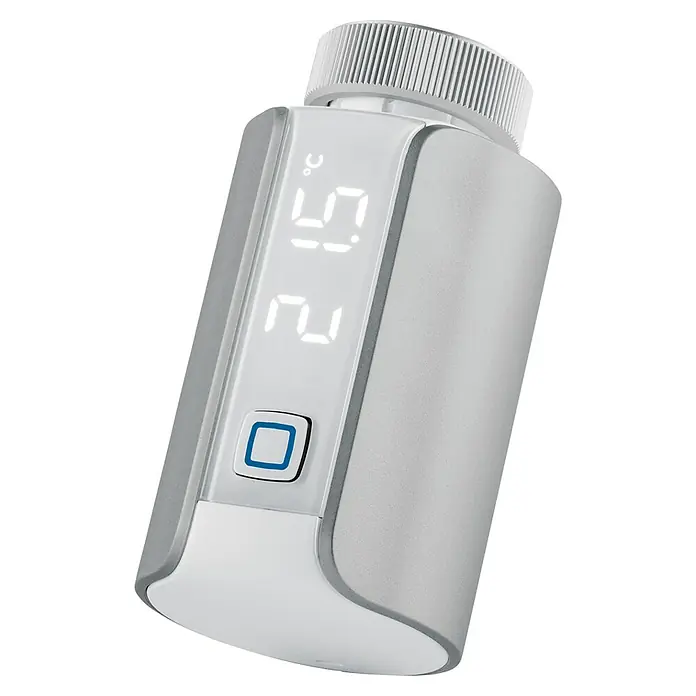 Homematic IP Heizkörper-Thermostat Evo HmIP-eTRV-E-S - Ventilanschluss: M30 x 1,5 mm, Batteriebetrieben, 94 x 53 x 55 mm, Silber - Nahaufnahme eines digitalen Heizkörperthermostats mit Temperaturanzeige und Einstellknopf.