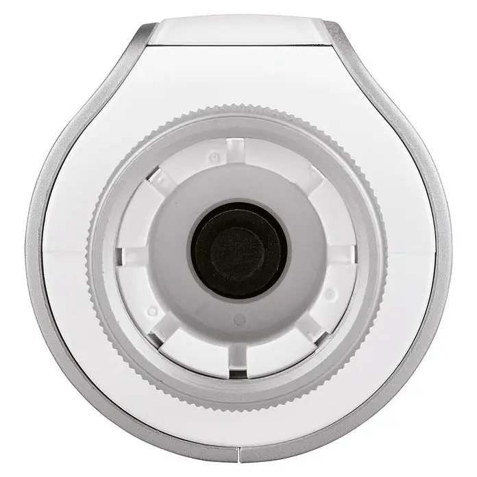 Homematic IP Heizkörper-Thermostat Evo HmIP-eTRV-E-S - Ventilanschluss: M30 x 1,5 mm, Batteriebetrieben, 94 x 53 x 55 mm, Silber - Detailaufnahme einer weißen, runden Vorrichtung mit einem schwarzen Knopf in der Mitte, umgeben von Zahnrädern und einem silbernen Rand.