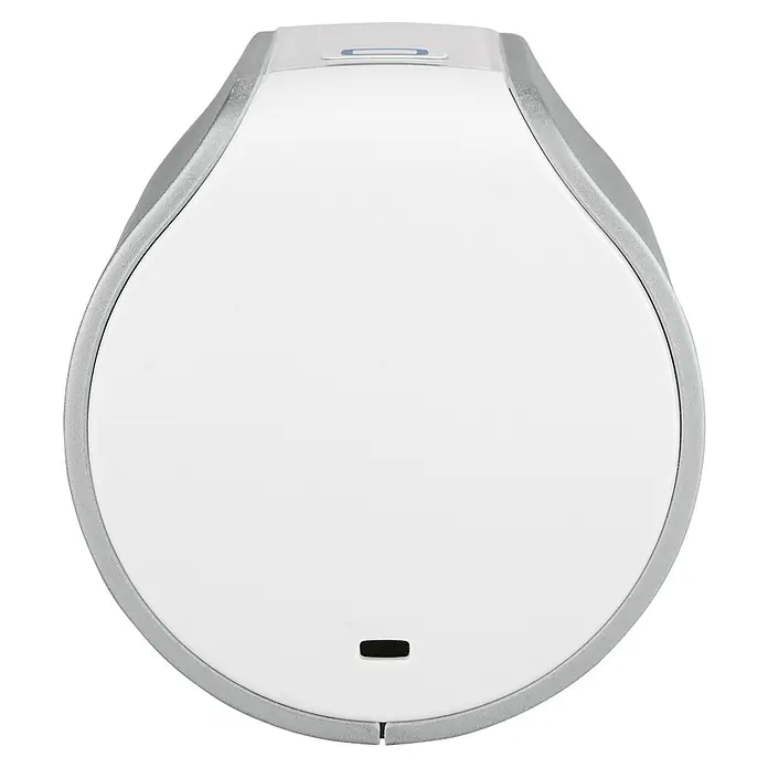 Homematic IP Heizkörper-Thermostat Evo HmIP-eTRV-E-S - Ventilanschluss: M30 x 1,5 mm, Batteriebetrieben, 94 x 53 x 55 mm, Silber - Draufsicht auf ein elegantes, weißes elektronisches Gerät mit silberfarbenem Rand und minimalistischem Design, ideal für moderne Technikliebhaber.