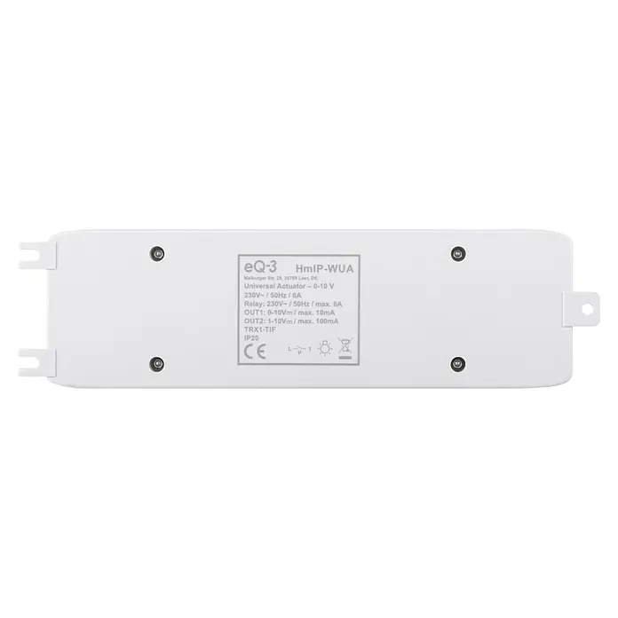 Homematic IP Aktor Universal Schaltaktor HmIP-WUA - Schaltspannung max.: 230 V - Nahaufnahme eines weißen eQ-3 HmIP-WUA Universalaktuators mit technischer Beschriftung und Befestigungselementen.