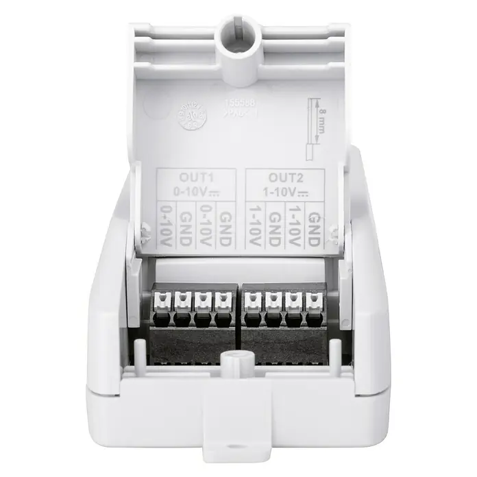Homematic IP Aktor Universal Schaltaktor HmIP-WUA - Schaltspannung max.: 230 V - Nahaufnahme eines weißen Gerätekastens mit den Aufschriften "OUT1 0-10V" und "OUT2 1-10V", der verschiedene Anschlüsse zeigt.