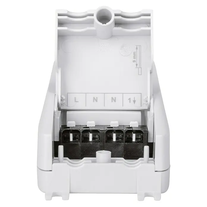Homematic IP Aktor Universal Schaltaktor HmIP-WUA - Schaltspannung max.: 230 V - Nahaufnahme eines weißen Sicherungskastens mit verschiedenen Anschlüssen für Elektroinstallationen.
