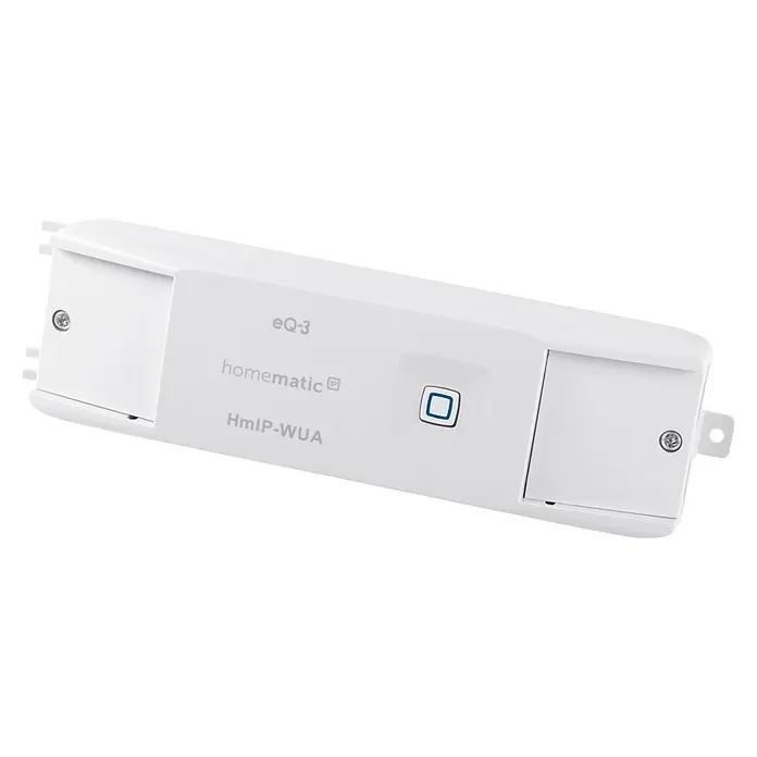 Homematic IP Aktor Universal Schaltaktor HmIP-WUA - Schaltspannung max.: 230 V - Nahaufnahme eines Homematic IP Wandtasters, Modell HmIP-WUA, zur smarten Steuerung Ihres Zuhauses.