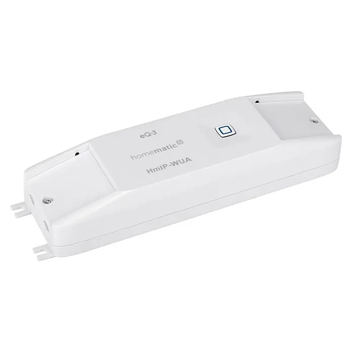 Homematic IP Aktor Universal Schaltaktor HmIP-WUA - Schaltspannung max.: 230 V - Eine Nahaufnahme eines weißen Homematic IP-Wandthermostats.