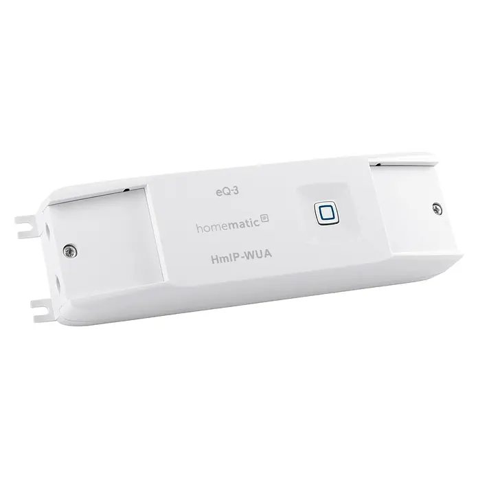 Homematic IP Aktor Universal Schaltaktor HmIP-WUA - Schaltspannung max.: 230 V - Nahaufnahme eines weißen Homematic IP HMIp-WUA mit Befestigungsvorrichtungen und einem blauen Rechteck auf einer ebenen Oberfläche.