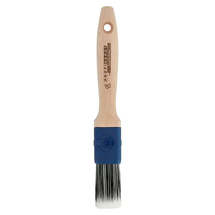 Profi Depot by Storch-Ciret Lackierpinsel - Breite Borsten: 30 mm, Mischborsten, Holz, Stärke Borsten: 12 mm - Pinsel mit hellem Holzgriff, blauem Halter mit der Zahl 30 und schwarz-weißen Borsten.