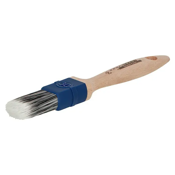 Profi Depot by Storch-Ciret Lackierpinsel - Breite Borsten: 30 mm, Mischborsten, Holz, Stärke Borsten: 12 mm - Detailaufnahme eines ProfiDepot Storch-Citet Pinsels mit Holzgriff und blauer Fassung, ideal für präzise Malerarbeiten.