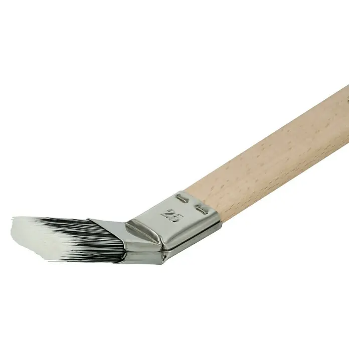 Profi Depot by Storch-Ciret Plattpinsel - Breite Borsten: 25 mm, Gebogen, Holz, Schwarz/Weiß - Detailaufnahme eines Pinsel mit Holzgriff und abgeschrägten Borsten, ideal für präzise Farbaufträge und feine Detailarbeiten.