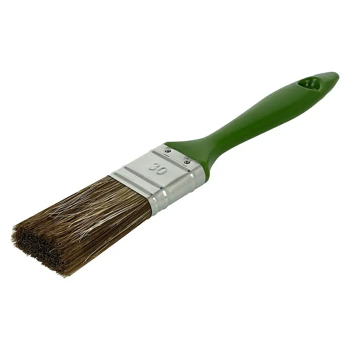 Lasur-Flachpinsel - Breite Borsten: 30 mm, Naturborsten-Mix, Kunststoff - Nahaufnahme eines Farbpinsels mit grünen Griff und braunen Borsten, ideal für präzise Malerarbeiten.
